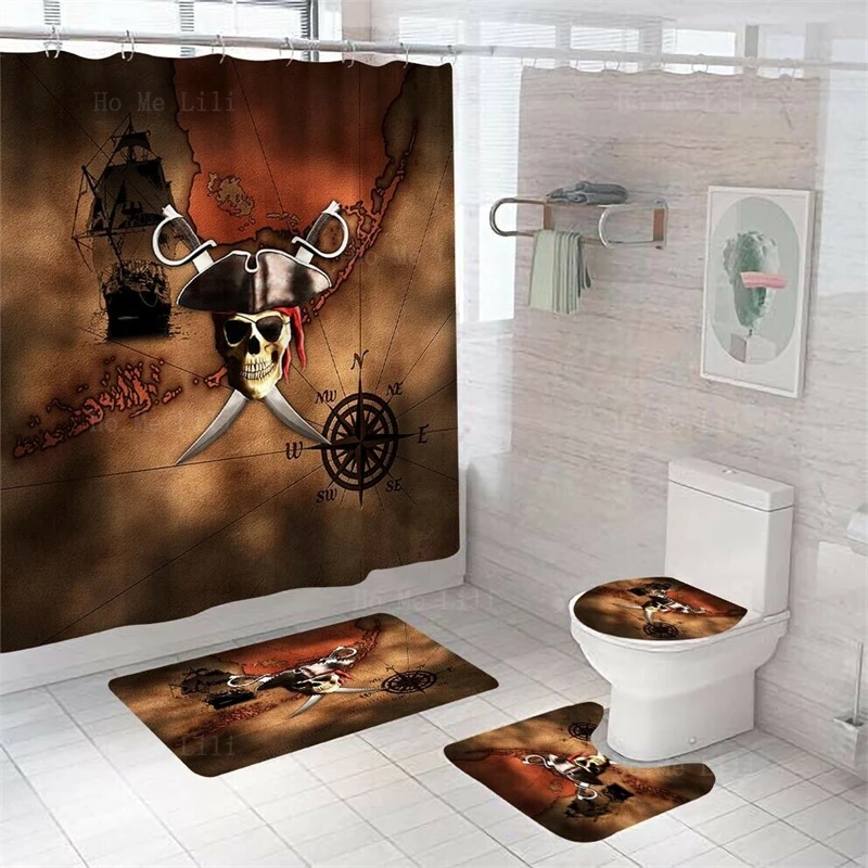 

An Unbeatable Team Motorcade Skull Jolly Roger Shower Curtain Set Thick Bathroom Carpet Bath Rug Toilet Lid Cover