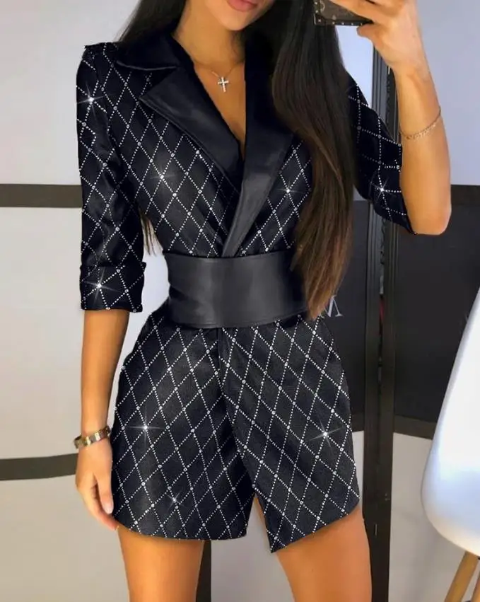 

Women's Dresses Autumn 2022 Colorblock Glitter Pu Leather Long Sleeve Skinny Mini Work Blazer Dress