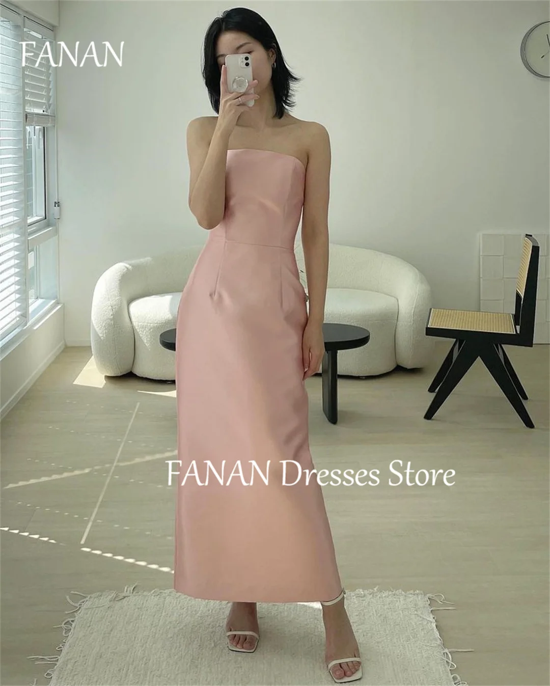 Женское атласное платье без бретелек FANAN розовое до щиколотки в Корейском стиле