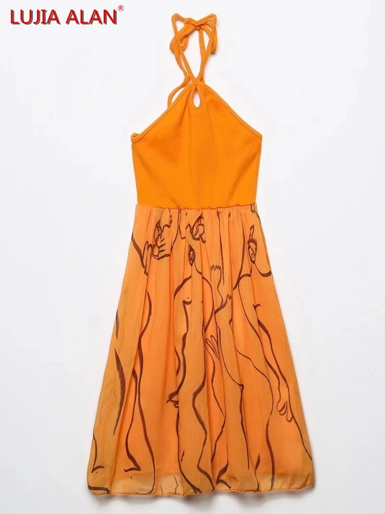 

Женское мини-платье с цифровой печатью, летнее платье с лямкой на шее и открытой спиной, LUJIA ALAN D9962