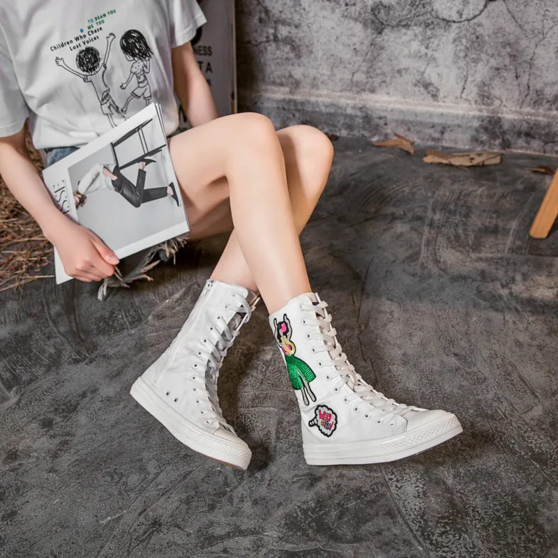 

Handmade custom rhinestone pattern casual high-top mid-tube women's shoes comfortable zipper canvas shoes 35-43