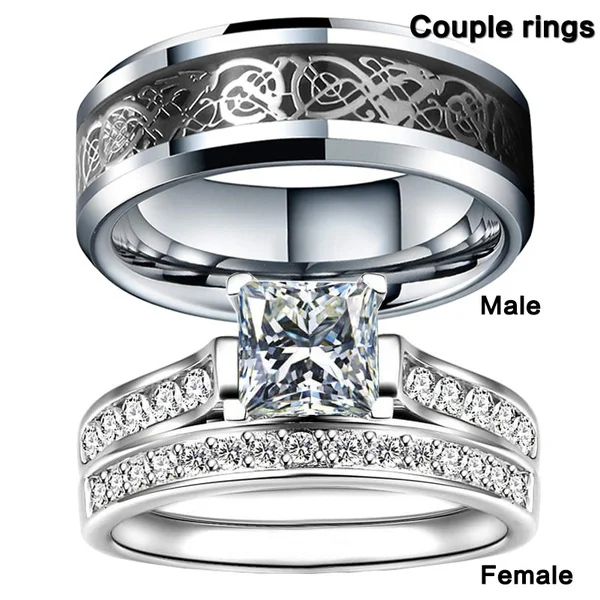 

Couple Rings Jewelry 8mm Mens Ring Stainless Steel Ring Gold Color Silver Color Rings Set for Women Wedding Engagement Band
