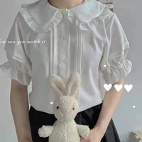 qweek japanese sweet lolita style blouses women kawaii peter pan collar jk shirts girls cute ruffles short puff sleeve white top