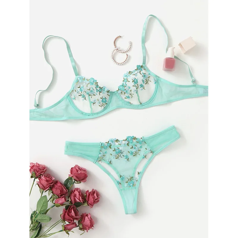 Sexy 2 Pieces Women Mesh Lingerie Sexy Floral Embroidery Underwear Transparent Lace Short Skin Care Kits Delicate Fairy Set