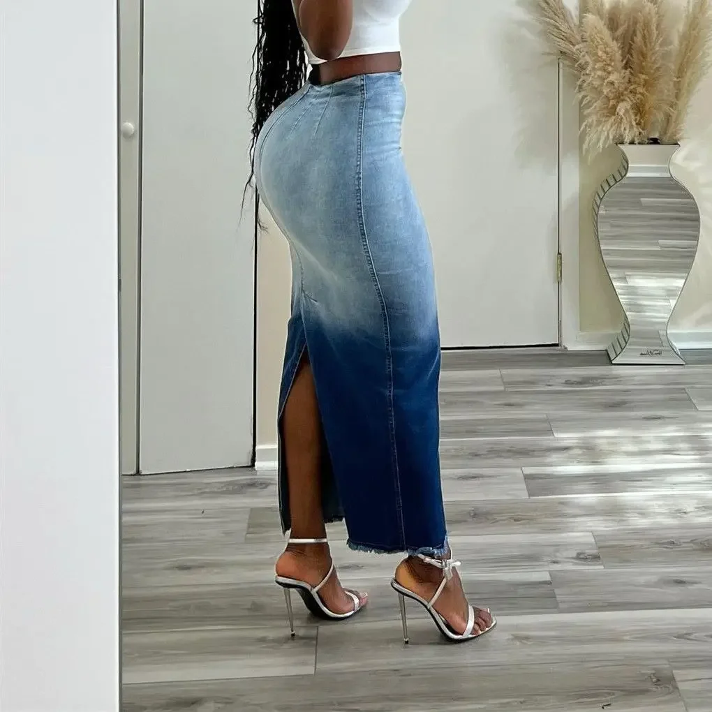 

Blue Skirt Pocket Women Jeans Design Slit Maxi Spring Autumn Stretch Vintage Denim Club E-girl Streetwear Skirts Long Skirt