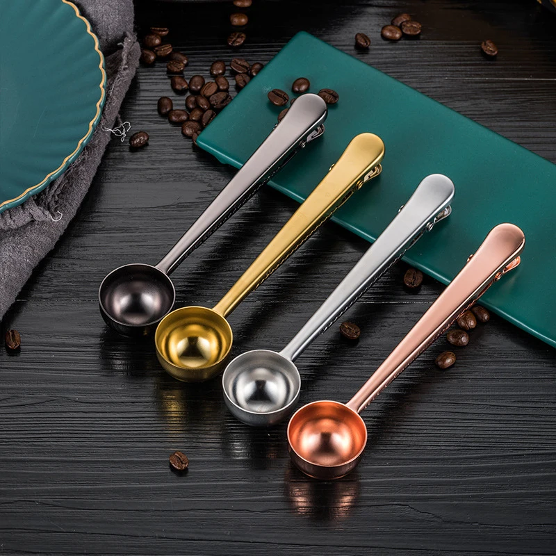 

Two-in-one Coffee Spoon Stainless Steel Sealing Clip Kitchen Gold Accessories Powder Measuring Tools Good Sealing Multifunction