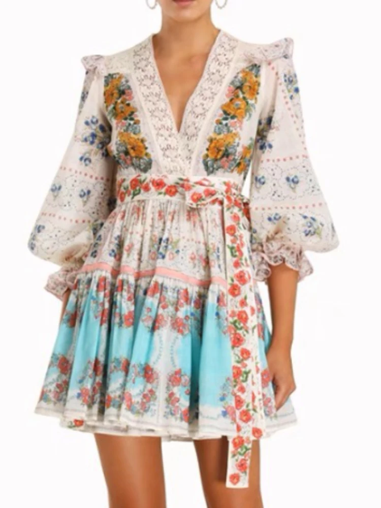 

New Arrival 2023 Summer Spring Floral Print Waist Belt Wrap Mini Dresses for Holiday