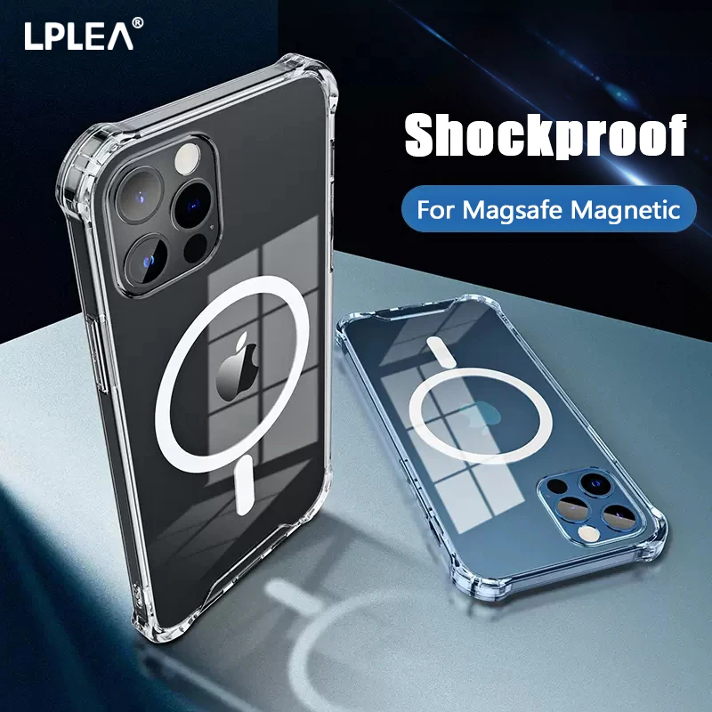 

Four Corner Shockproof Case For iPhone 13 12 11 14 Pro Max Plus Clear Cover For Magsafe Magnetic Wireless Charging PC Phone Case
