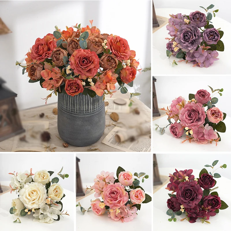 

Retro Artificial Flowers Silk Rose Bouquet Hydrangea Peony Vintage Bride Holding Fake Flower Wedding Home Decoration Accessories