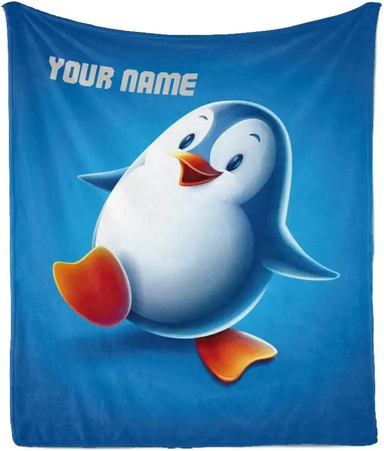 

Custom Blanket with Name Text,Personalized Cute Penguin Cartoon Blue Super Soft Fleece Throw Blanket for Couch Sofa Bed