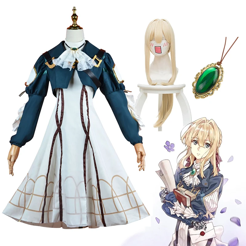 

Аниме фиолетовый костюм Evergarden для косплея платье принцессы горничной одежда ожерелье парик полный костюм костюмы на Хэллоуин для женщин