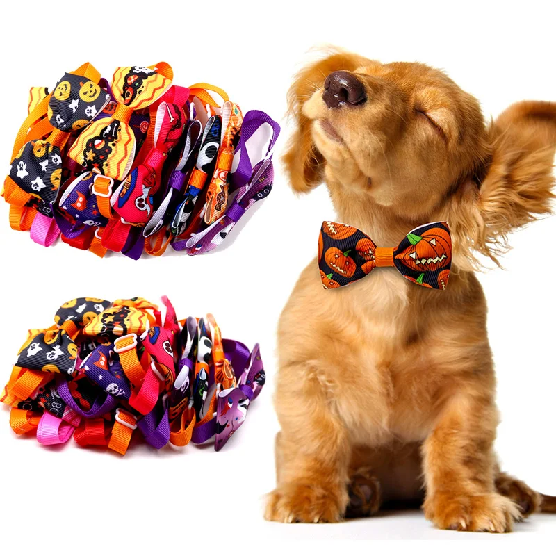 

12Pcs Halloween Dog Cat Bow Tie Halloween Chihuahua Necklace Elastic Dog Collar for Puppy Pumpkin Ghost Bats Pet Dog Accessories