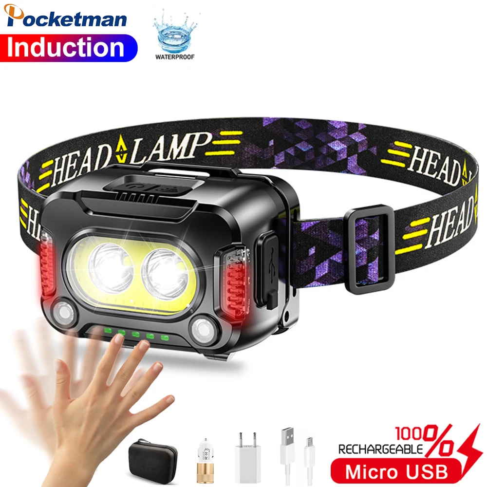 

Induction led headlamp, 2xpg+cob bilateral red lights, six gear electric display, double on-off with type-C line headlight
