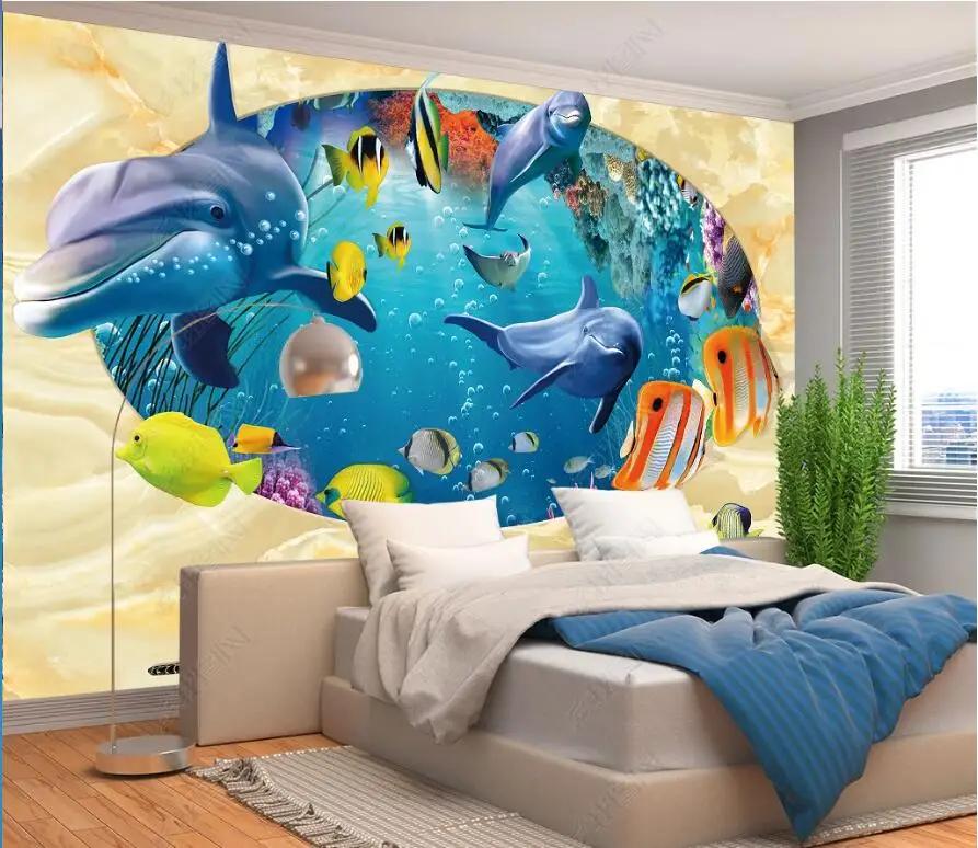 

3d фотообои на заказ, Hd, океан, подводный мир, дельфин, рыба, фон для гостиной, домашний декор, обои для стен 3d