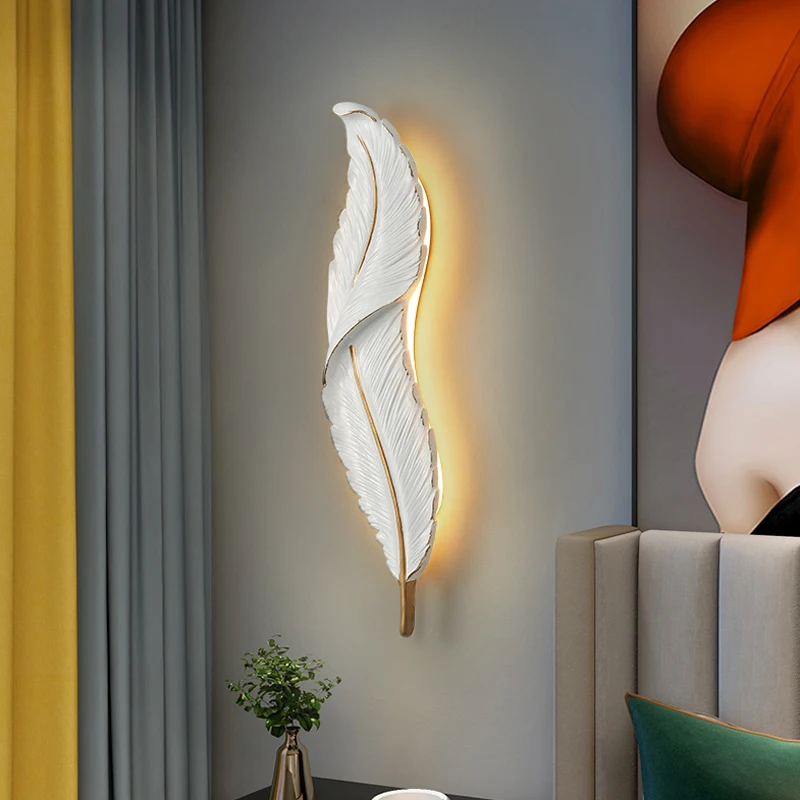 

Современные креативные Настенные светильники с перьями для гостиной, спальни, входа, чайной комнаты, KTV, бара, фон для украшения дома, светодиодные лампы