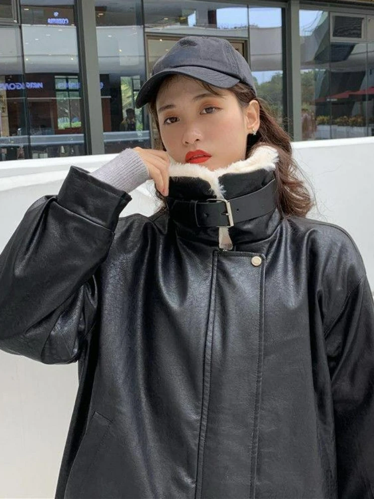 Black Winter Leather Jacket Women Korean Fashion Warm Loose Faux Fur Leather Coat Female Autumn Vintage Casual Chic Biker Jacket