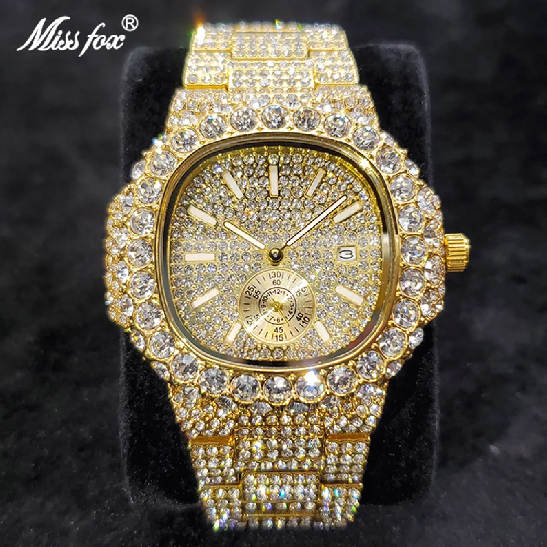 

MISSFOX Iced Out Watch For Men Luxury Fashion Gold Quartz Watches Hip Hop High Quality Waterproof Male Daimond Clock 2022 New