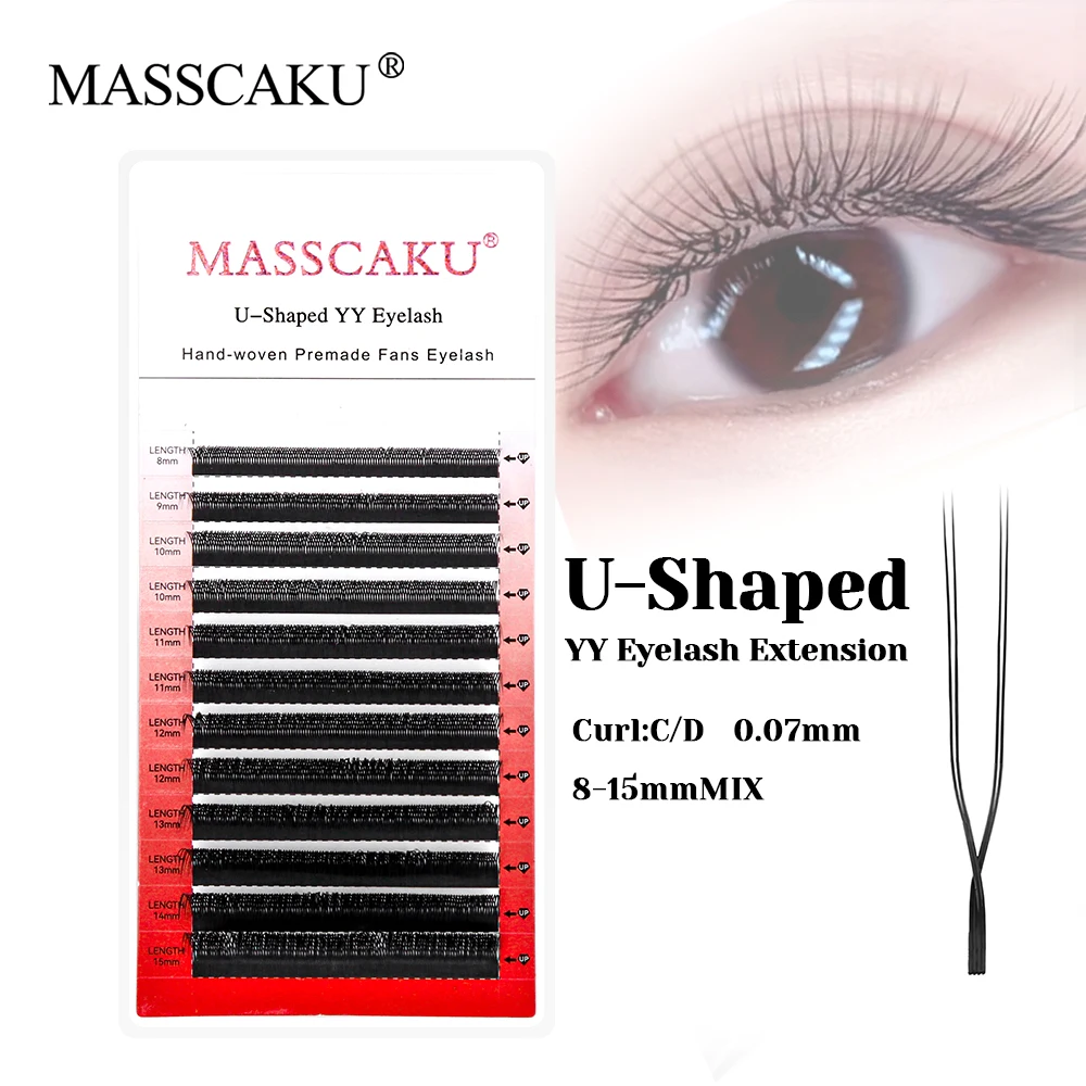 Фото MASSCAKU U-образная форма YY Наращивание ресниц C D Curl 0,07 мм Толщина Y Стиль ресниц Профессиональные готовые веерные ресницы ручной работы №1
