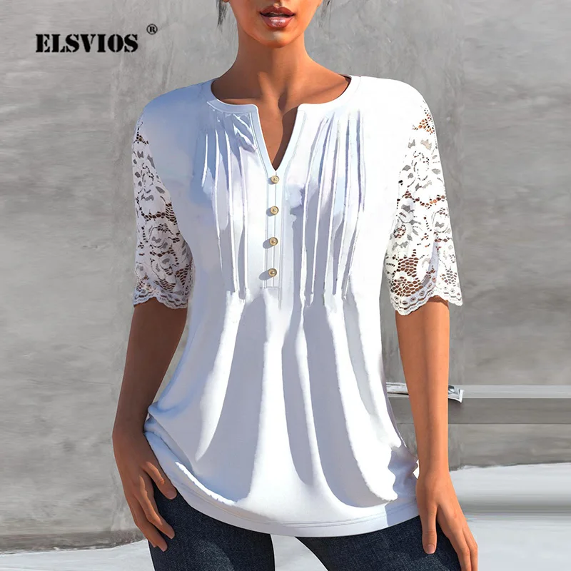 

Summer New Elegant Slim Pullovers For Women Fashion Lace Short Sleeve Patchwork V Neck T-shirts Tops Lady Printed Casual Blouses
