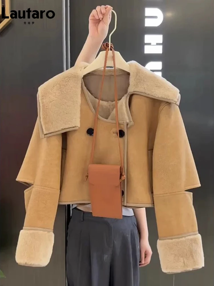 

Lautaro Autumn Winter Short Soft Thick Warm Soft Faux Sheepskin Coat Women Double Breasted Casual Fluffy Jacket Clothes 2023