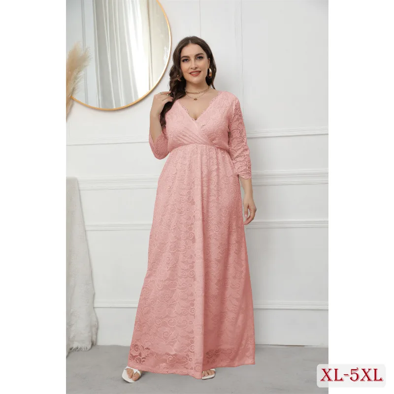 

Women's Hollow Mesh Lace Long Dress, Ladies Birthday Party Dresses for Wedding, Spring Female White Prom Dress, Plus Size, 5XL