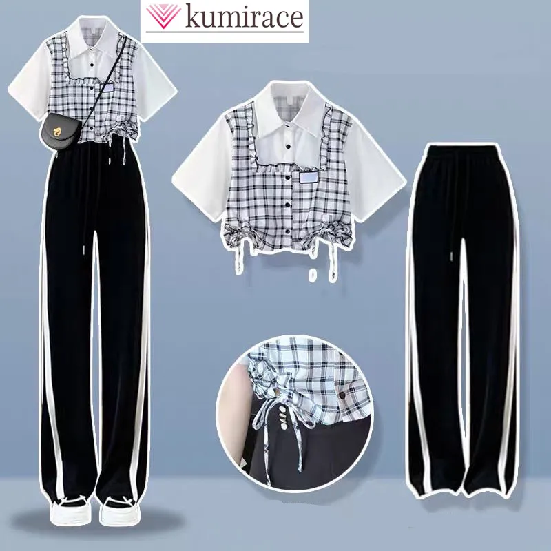 

Женский спортивный костюм из двух предметов, элегантный повседневный костюм в клетку со шнуровкой и широкими штанинами