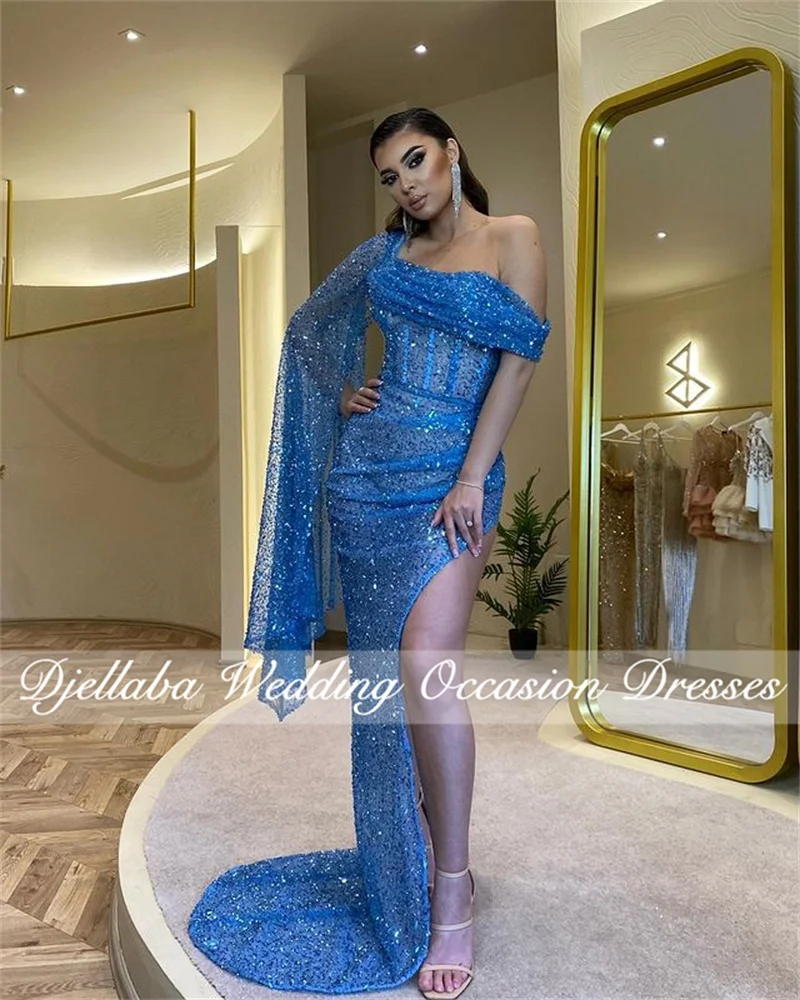 

Женское вечернее платье-русалка, синее блестящее платье на одно плечо с блестками, для выпускного вечера, 2022