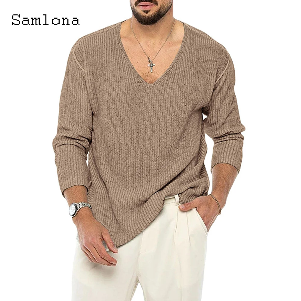 Samlona Men Knitted Sweater Mens Knitwear 2022 New Autumn Fashion Top Pullovers Male Black Khaki Sweater