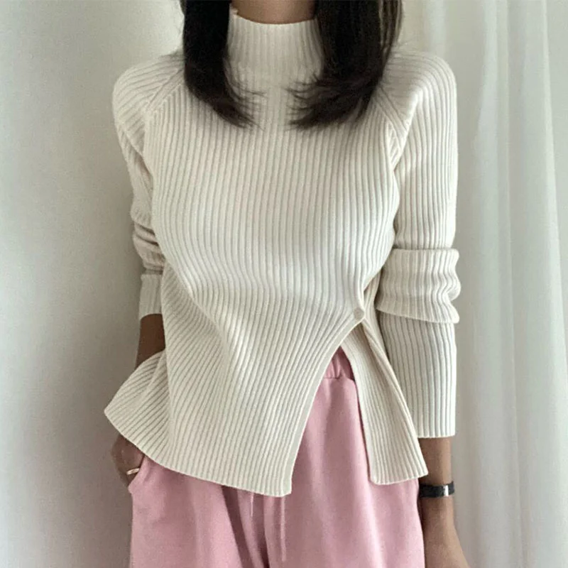 

Hikigawa Chic Fashion Women Mock Neck Slit Bottoming Sweater Autumn Solid Slim Fit Elegant Long Sleeve Knitted Pullover Top