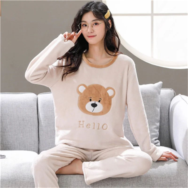Pajamas Set Casual Sleepwear For Women Soft Cartoon Flannel Pyjama Women's Fashion Winter Warm Full Sleeve Homewear Plus Size