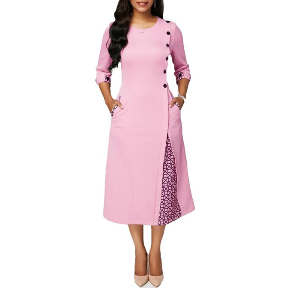 

Women's Dress For New Year 2022 Party Plaid Print Button O-neck 3/4 Sleeve Stitching Elegant Dress Pink Slim Office A-Line Dress