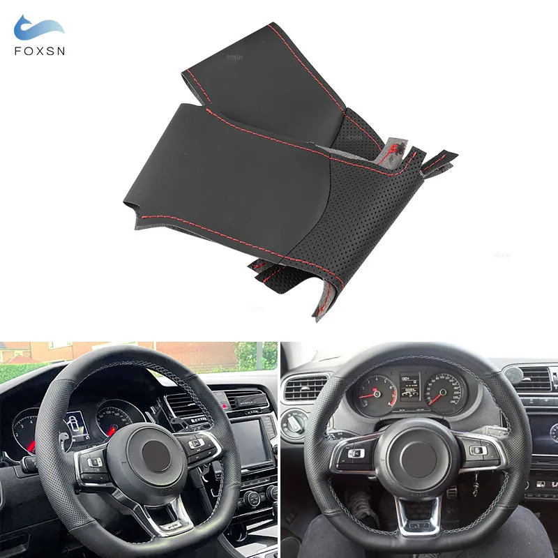 

For VW Golf 7 GTI Golf R MK7 Polo Scirocco DIY Hand-sew Steering Wheel Cover Black-red Perforated Leather Car Accessories Trim