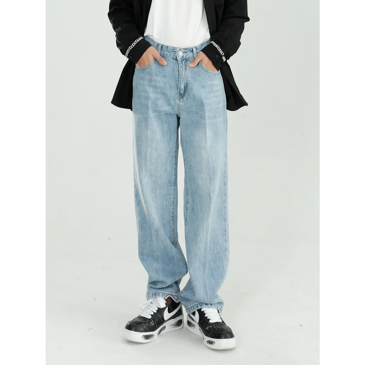 overalls for Men Casual Trousers Light Blue Jeans Loose Pants Fashion Motorcycle All-match Straight Pants Pocket Boy Jeans