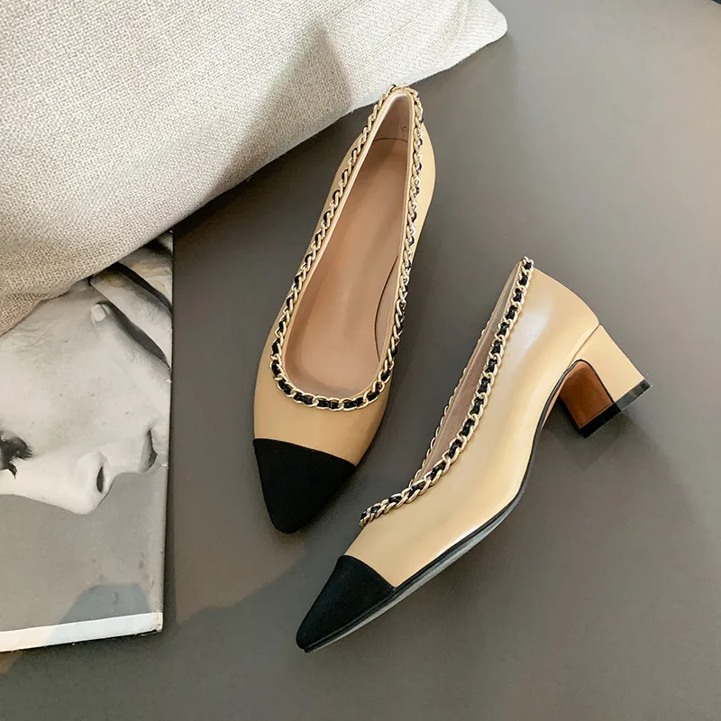 

Big Plus Women's Natural Cow Leather Pumps Designer Shoes Woman High Heels Dress Party Shoes Brand Chain Pump Mix-color Footwear