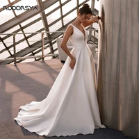 roddrsya simple satin wedding dress v neck sleeveless vintage backless bridal gown robe de mari%c3%a9e plus size ivory customize
