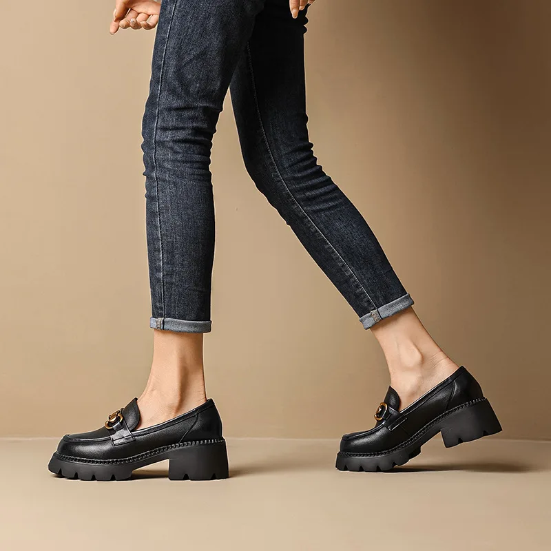 Platform Punk Women Loafers Cow Leather Round Toe Black Brown Metal Chain Oxfords Shoes Retro Slip on Flats for Women Handmade