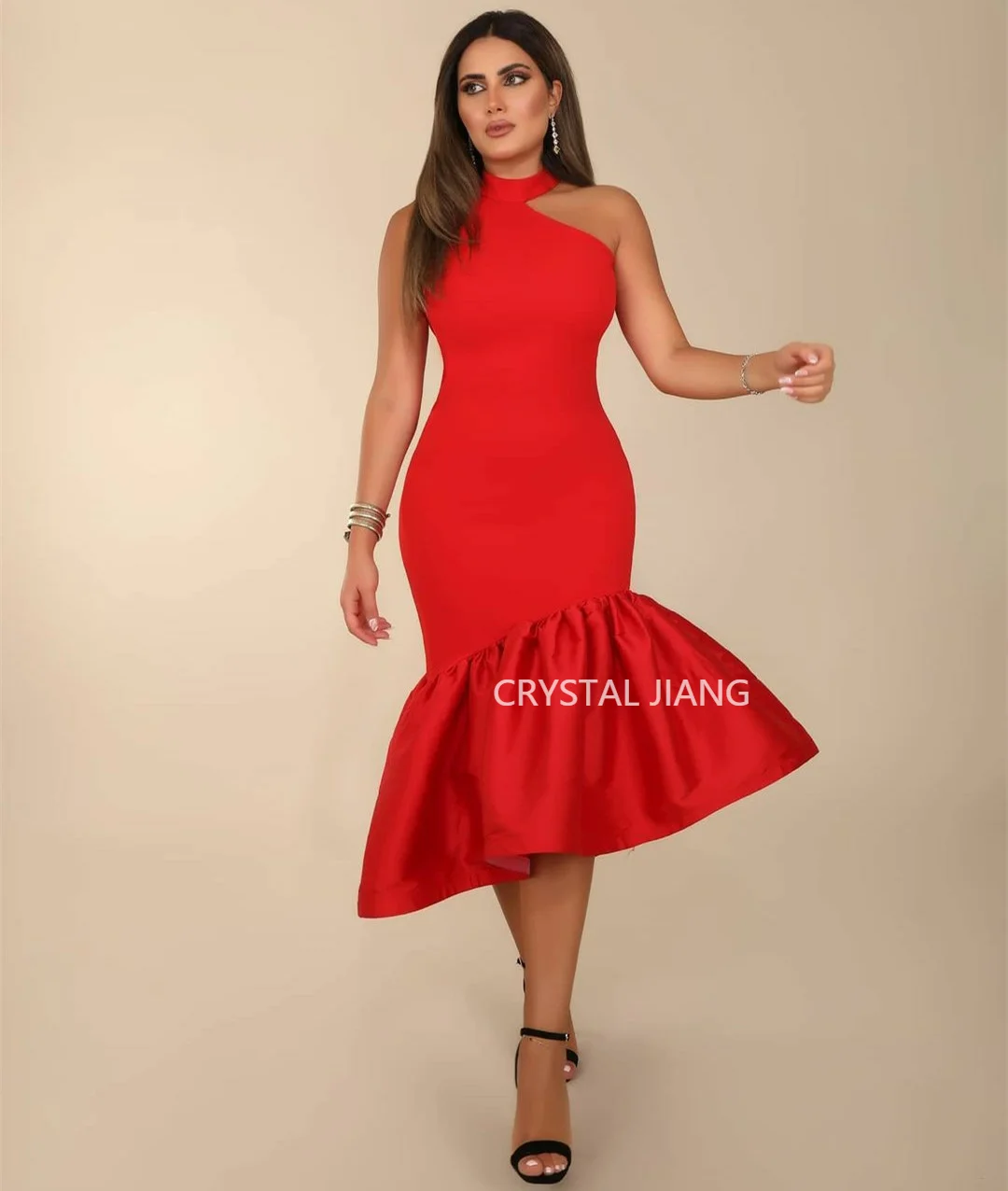 

Женское атласное платье с юбкой годе, красное короткое вечернее платье с лямкой на шее, платье для выпускного вечера, 2023