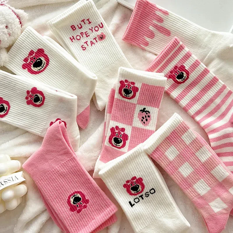 9 pairs Sweet and cute pink bear printed medium tube socks letter socks Sports casual socks cute socks  women socks  kawaii
