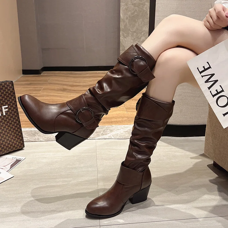 Women High Heels Chelsea Boots 2022 Autumn Winter New Chunky Pumps Fashion Mid-calf Motocycle Boots Ladies Shoes Casual Bootas