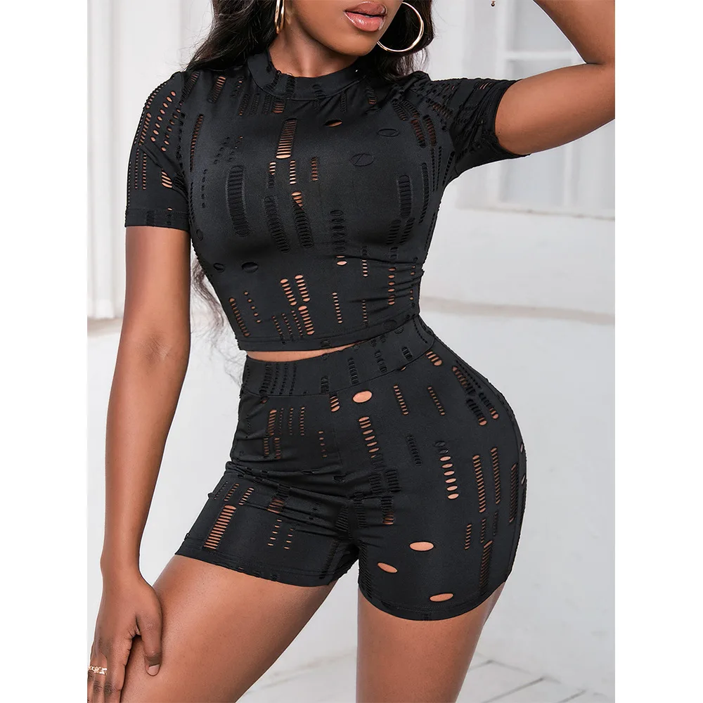 

Hole Active Women Set Short Sleeve T-shirt and Shorts Suit Sport Tracksuit Two Piece Set Fitness Outfit Black Tracksuit