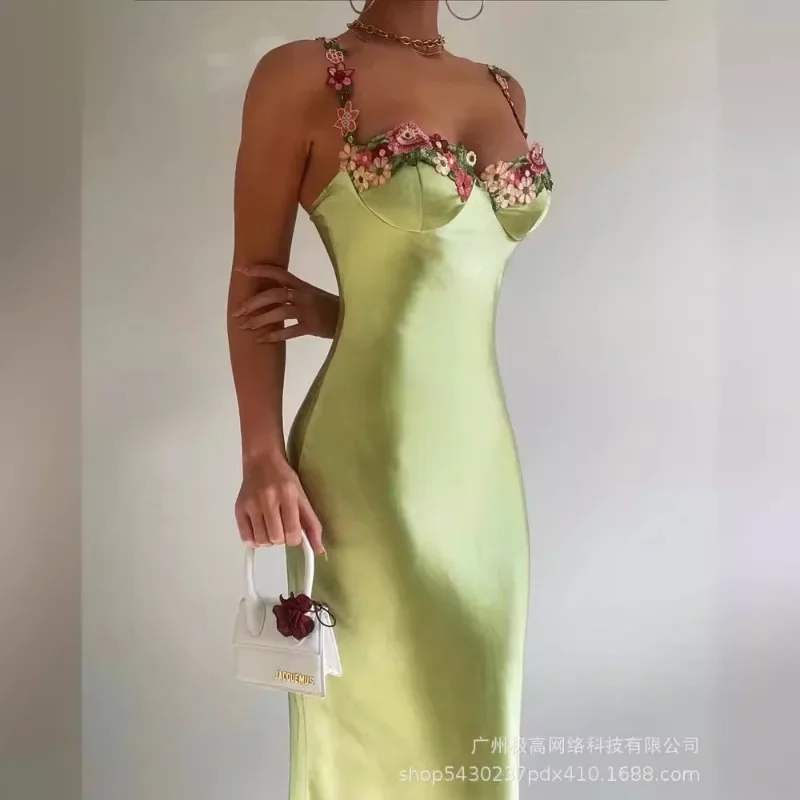 2024 весна-лето новая женская одежда однотонное атласное тонкое платье на