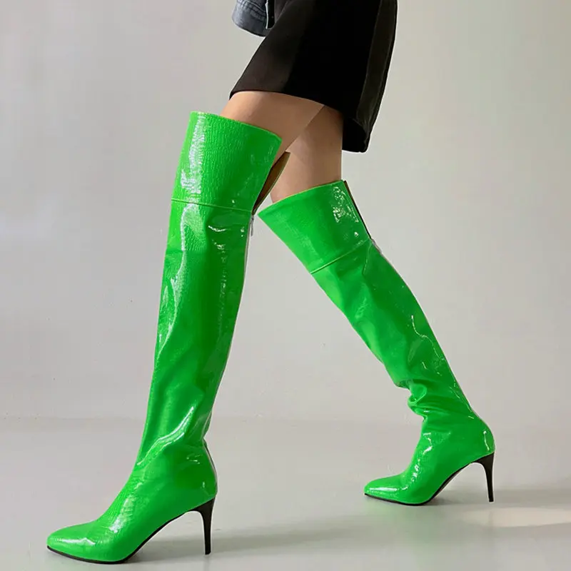 

Модные женские сапоги до бедра из микрофибры на молнии, Осень-зима, теплые сапоги выше колена, женская сексуальная обувь на шпильке, женская обувь зеленого и белого цветов