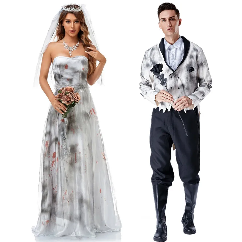 

Carnival Halloween Party Bloody Bride Ghost Bridegroom Couples Costume Women Men Masquerade Cosplay Horror Scary Vampire Outfits