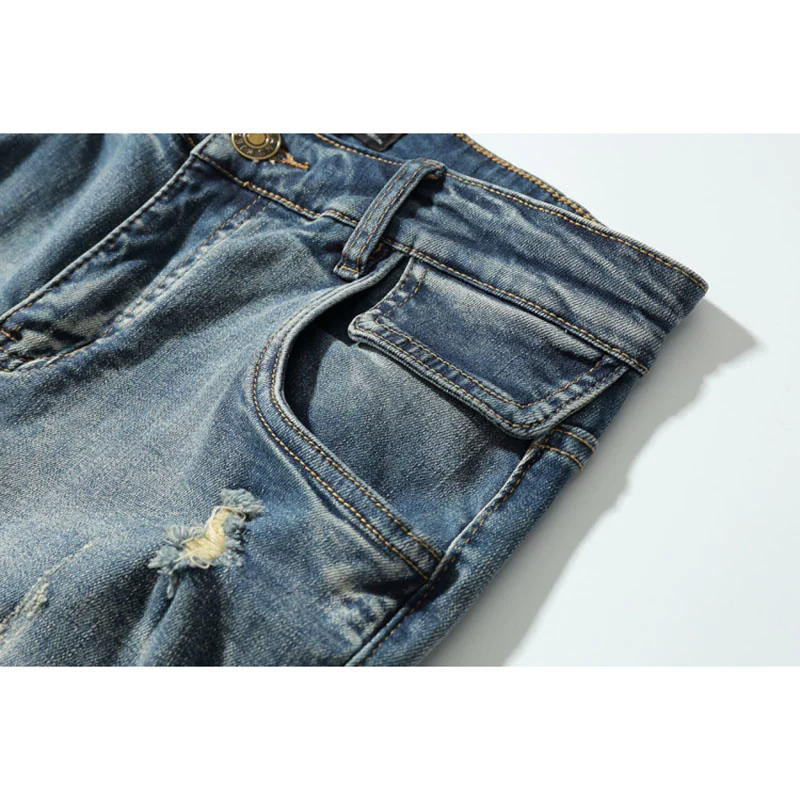 

Потертые рваные зауженные джинсы мужские потертые обтягивающие джинсовые брюки Модная уличная одежда синие дырки байкерские джинсы для мужчин