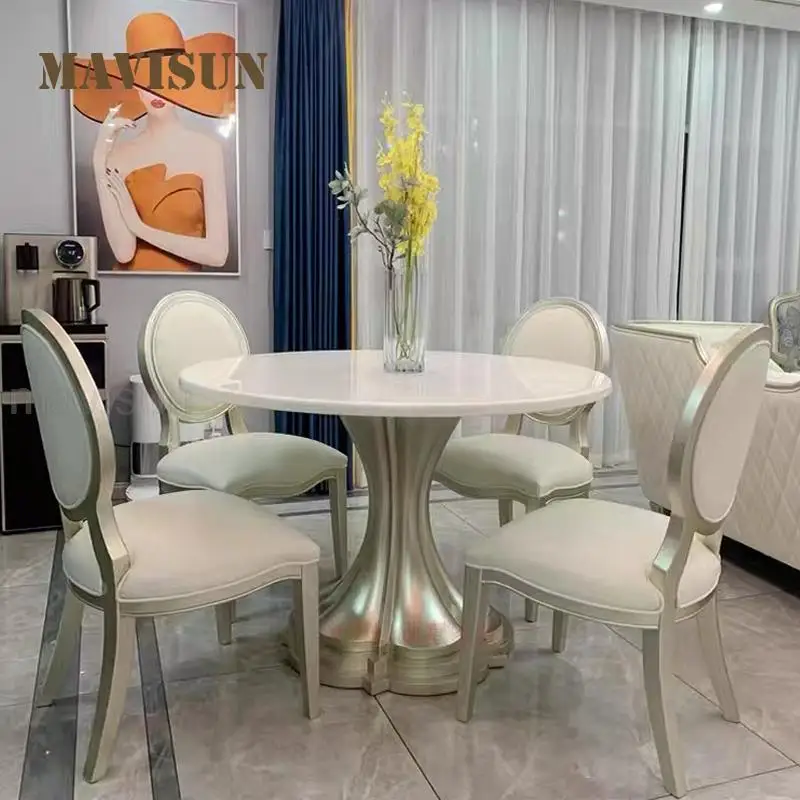 

Light Luxury Dining Table And Chair Round Rock Slab Tabletop Gold Solid Wood Base Kitchen Furniture American Style Dining Table