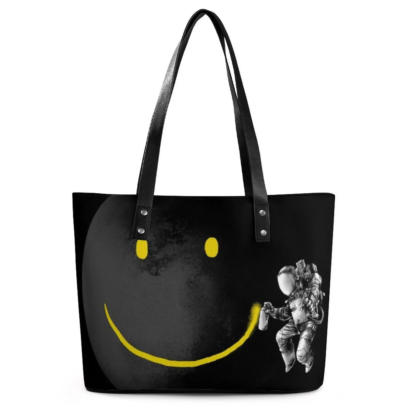 

Make A Smile Moon Astronaut Handbags Women Career Tote Bag Fashion Beach Shoulder Bag Pocket Print PU Leather Shopping Bags