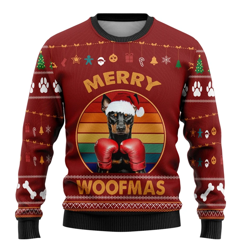 Funny Boxing Dog Graphic Sweatshirts Labardor Bulldog German Shepherd Ugly Christmas Sweater Xmas Holiday Pullovers Pet Sweaters