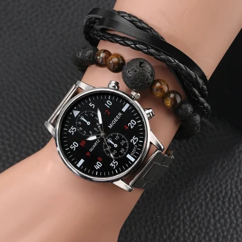 Classic Black Large Dial Men's Watch Bracelet Set Vintage Bracelets Stainless Steel Strap Quartz Wristwatch Gift Box for Husband Other Image