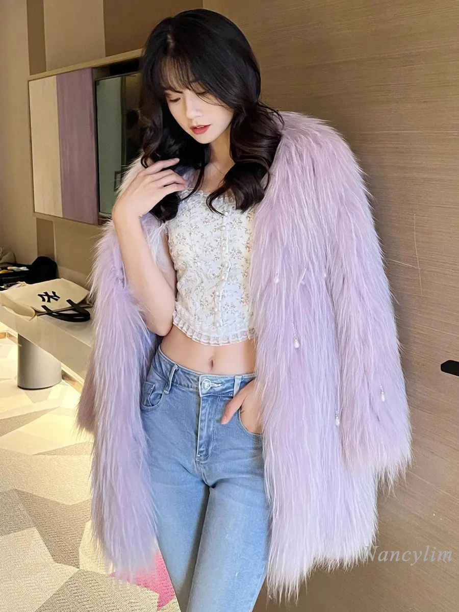 2022 New High Quality Green Faux Fur Coat Women Winter Imitation Fox Fur Long Korean Style Pearl Tassel Thickened Warm Overcoat