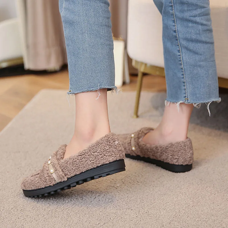 Winter Pearls Lambswool Cotton Shoes Women Home Loafers Warm Curly Sheep Fur Flats Office Lady Mocasines Mujer